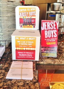 A Jersey Boys enter-to-win promo box at Eric's La Patisserie, located at 446 Main St, 4th Fl in Worcester.