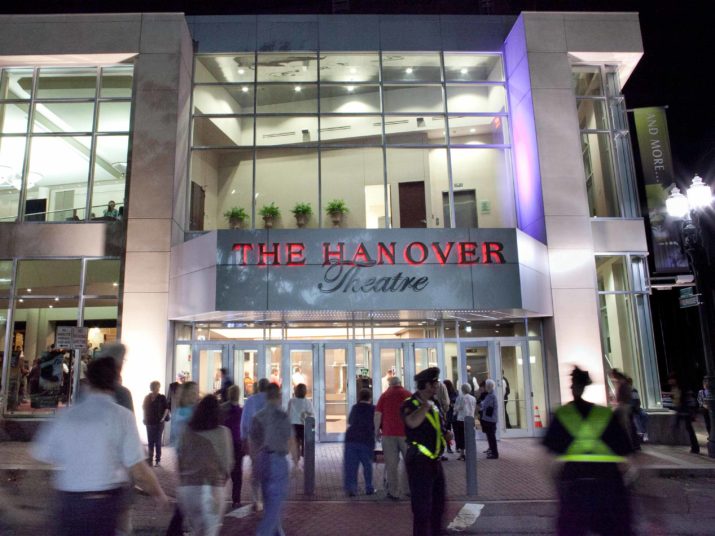 Entrance to the hanover theater at night.