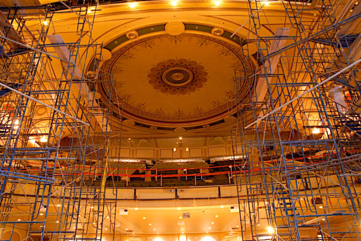 Hanover theater under construction with scaffolding.