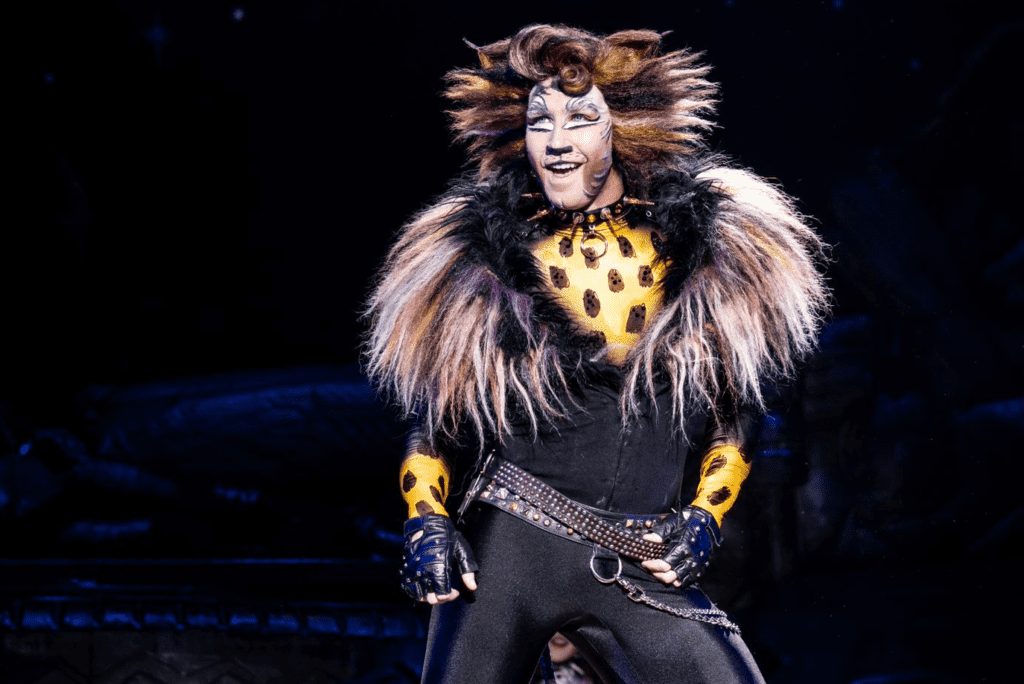 Rum Tum Tugger (Zach Bravo) is wearing a black outfit with a yellow, spotted shirt underneath his jacket. He has a studded belt and fingerless gloves on. Rum Tum Tugger's fur is orange and white.