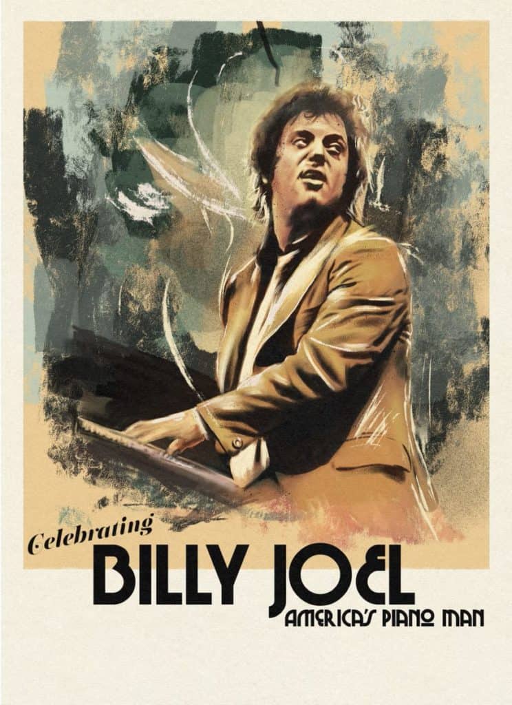 A painted picture of Billy Joel playing the piano with the Celebrating Billy Joel logo