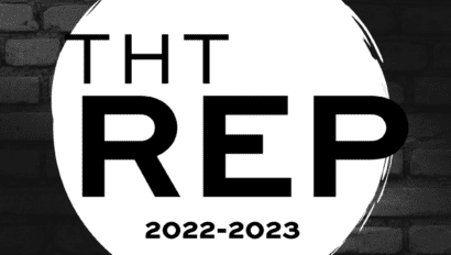 Logo for the THT Repertory in a white circle on a black brick background.