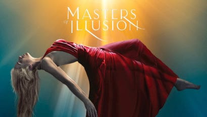 Logo for Masters of Illusion depicts a floating woman in a red dress. She is laying horizontally and the words "Masters of Illusion" appear at the top in white text.