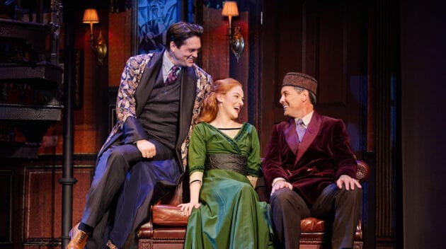 Jonathan Grunert as Professor Henry Higgins, Madeline Powell as Eliza Doolittle and John Adkison as Colonel Pickering in The National Tour of MY FAIR LADY. Photo by Jeremy Daniel