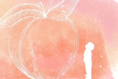 watercolor graphic with the outline of a peach and the silhouette of a child looking up at the peach.