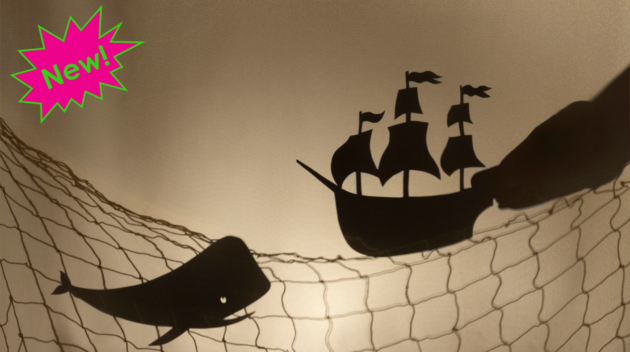 DEMONSTRATING ELA LEARNING THROUGH SHADOW PUPPETRY. Against a lit wall are silhouettes of a whale, a fishing net, and a ship being held by a hand. In the upper left corner is a neon pink and green exclamation bubble with text inside: "New!"