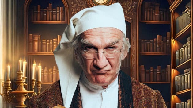 A close up of the actor for Ebenezer Scrooge in A Christmas Carol, 2024.