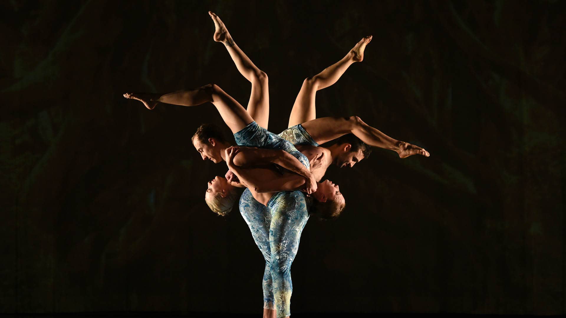 MOMIX: Alice. Two dancers carry two other dancers upside down on their backs in a single file line so that their legs in the air form the shape of a flower.