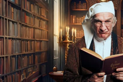 Ebenezer Scrooge is in a library, scowling and looking directly at the viewer, with an open copy of A Christmas Carol in his hands.