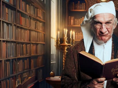 Ebenezer Scrooge is in a library, scowling and looking directly at the viewer, with an open copy of A Christmas Carol in his hands.