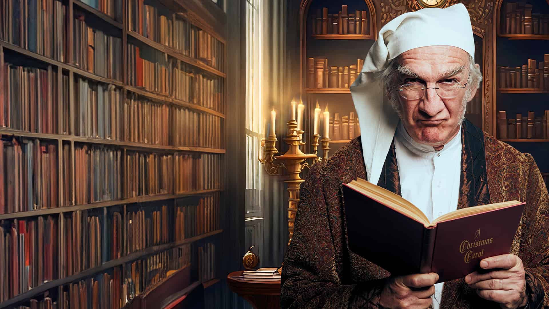 Ebenezer Scrooge is in a library, scowling and looking directly at the viewer, with an open copy of A Christmas Carol in his hands.