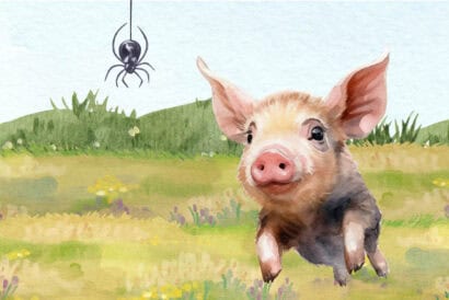 A digital graphic in a colored pencil or watercolor style. In the foreground, a spider dangles from the top left on a web string and a piglet appears to be running toward the viewer on the right. There's a grassy field and row of trees in the background.