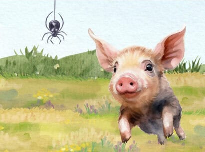 A digital graphic in a colored pencil or watercolor style. In the foreground, a spider dangles from the top left on a web string and a piglet appears to be running toward the viewer on the right. There's a grassy field and row of trees in the background.