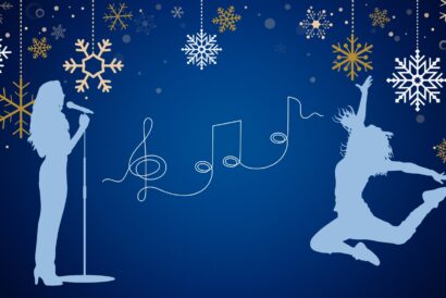 A graphic with a dark blue background, gold snowflakes dangling from the top, silhouettes of a singer at a standing mic on the left facing the center and a dancer jumping on the right. A decorative string drawing a treble clef, two connected quarter notes and a half or quarter sits in the center between the dancer and singer.