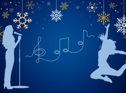 A graphic with a dark blue background, gold snowflakes dangling from the top, silhouettes of a singer at a standing mic on the left facing the center and a dancer jumping on the right. A decorative string drawing a treble clef, two connected quarter notes and a half or quarter sits in the center between the dancer and singer.