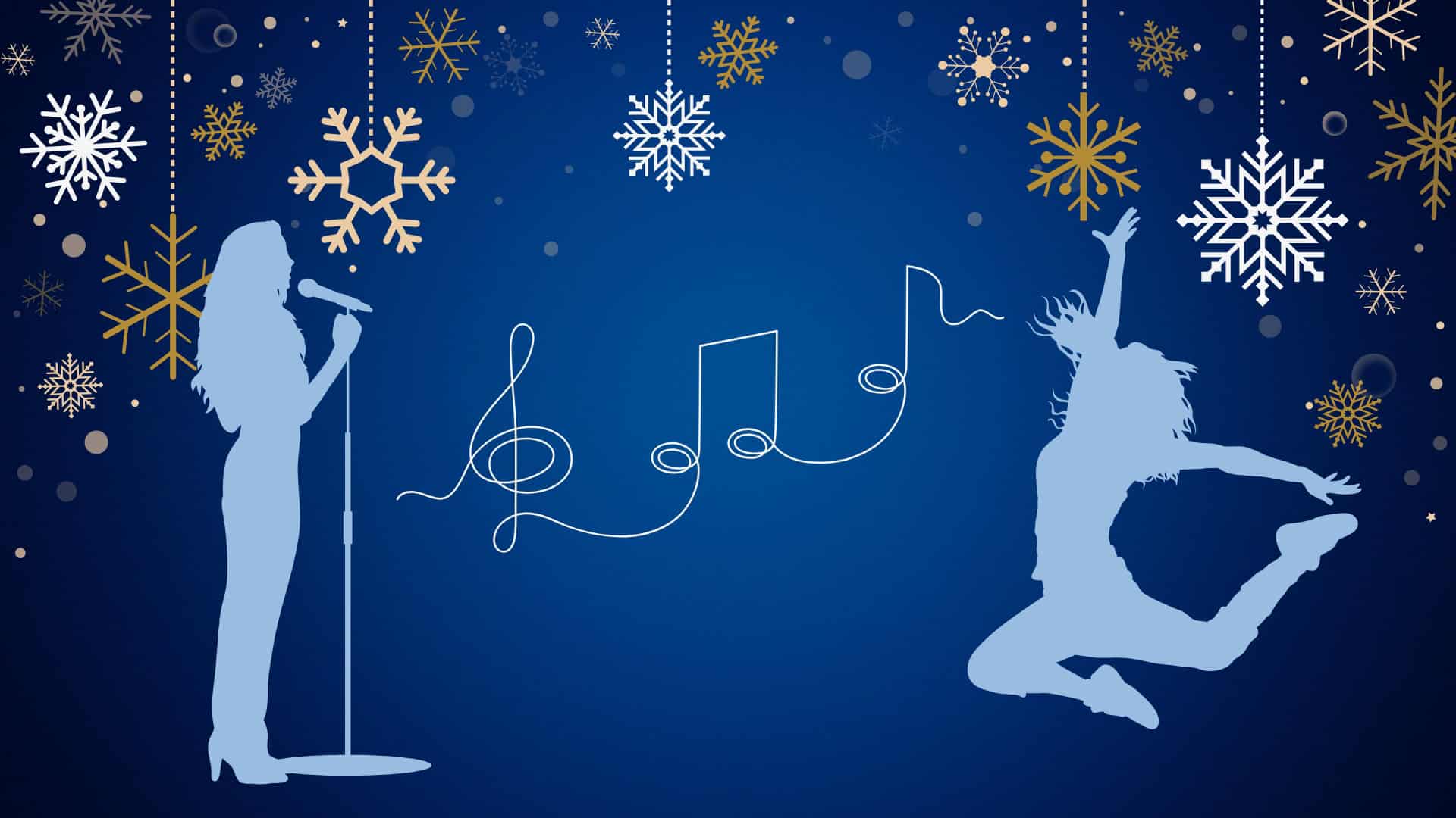 A graphic with a dark blue background, gold snowflakes dangling from the top, silhouettes of a singer at a standing mic on the left facing the center and a dancer jumping on the right. A decorative string drawing a treble clef, two connected quarter notes and a half or quarter sits in the center between the dancer and singer.