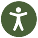 a dark green circle with a white stick figure drawing of a person