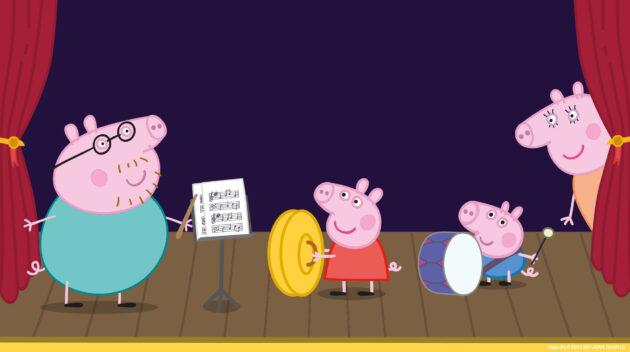 Peppa Pig and her family perform on stage with musical instruments. Daddy Pig conducts with a baton next to a music stand, Peppa holds a large yellow cymbal, George plays a drum with a mallet, and Mummy Pig stands smiling behind the curtain. The stage is framed by red curtains and a dark purple background.
