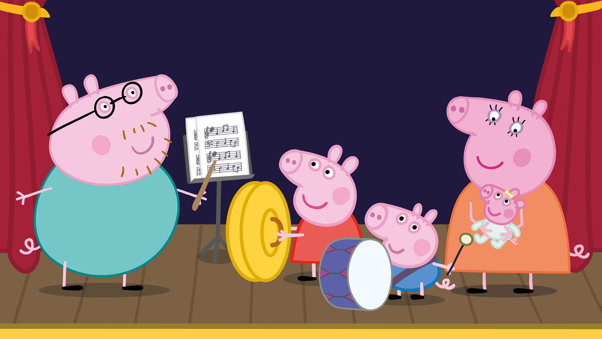 Peppa Pig and her family perform on stage with musical instruments. Daddy Pig conducts with a baton next to a music stand, Peppa holds a large yellow cymbal, George plays a drum with a mallet, and Mummy Pig stands smiling as she holds baby Evie. The stage is framed by red curtains and a dark purple background.