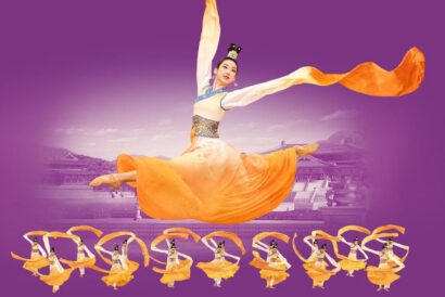 A dancer in a flowing orange and cream costume leaps gracefully across a purple background. Smaller images along the bottom show Shen Yun's dancers performing a sequence, creating a sense of motion and rhythm, with a stylized palace scene faintly visible behind them.
