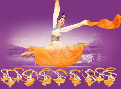A dancer in a flowing orange and cream costume leaps gracefully across a purple background. Smaller images along the bottom show Shen Yun's dancers performing a sequence, creating a sense of motion and rhythm, with a stylized palace scene faintly visible behind them.