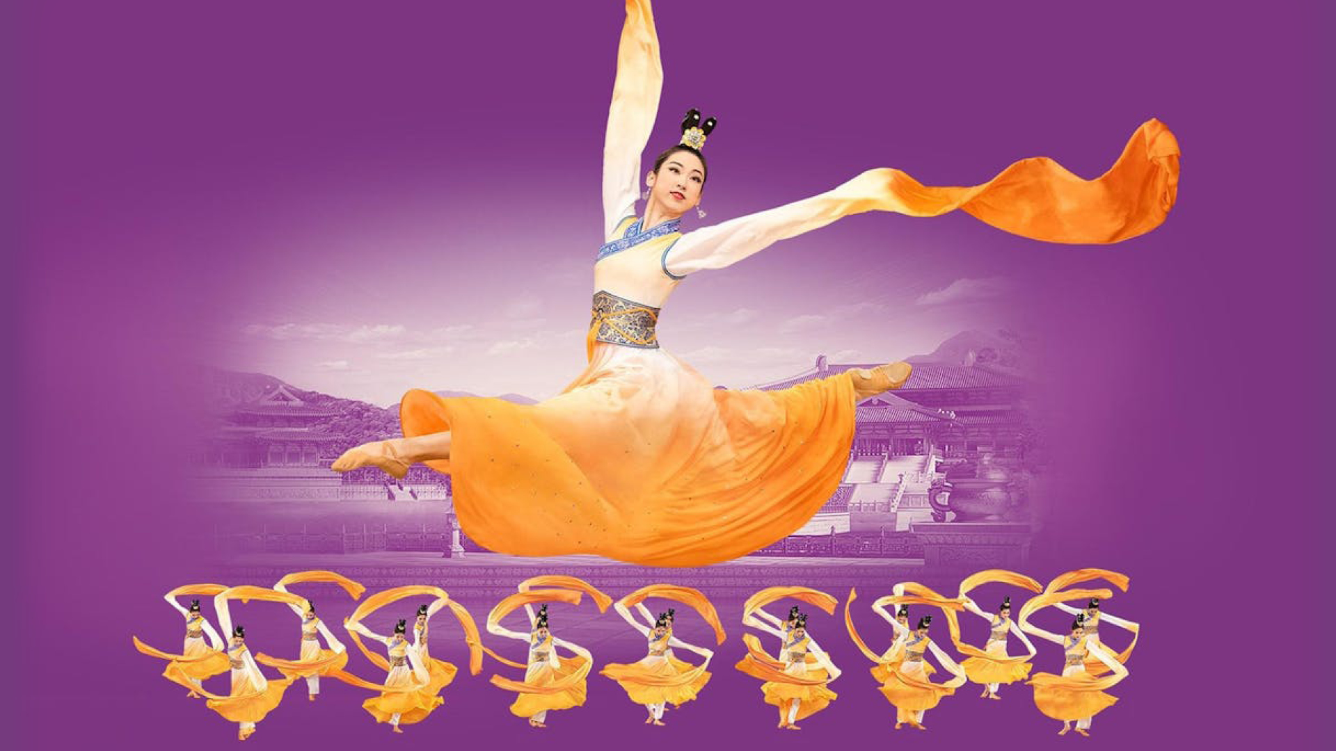 A dancer in a flowing orange and cream costume leaps gracefully across a purple background. Smaller images along the bottom show Shen Yun's dancers performing a sequence, creating a sense of motion and rhythm, with a stylized palace scene faintly visible behind them.