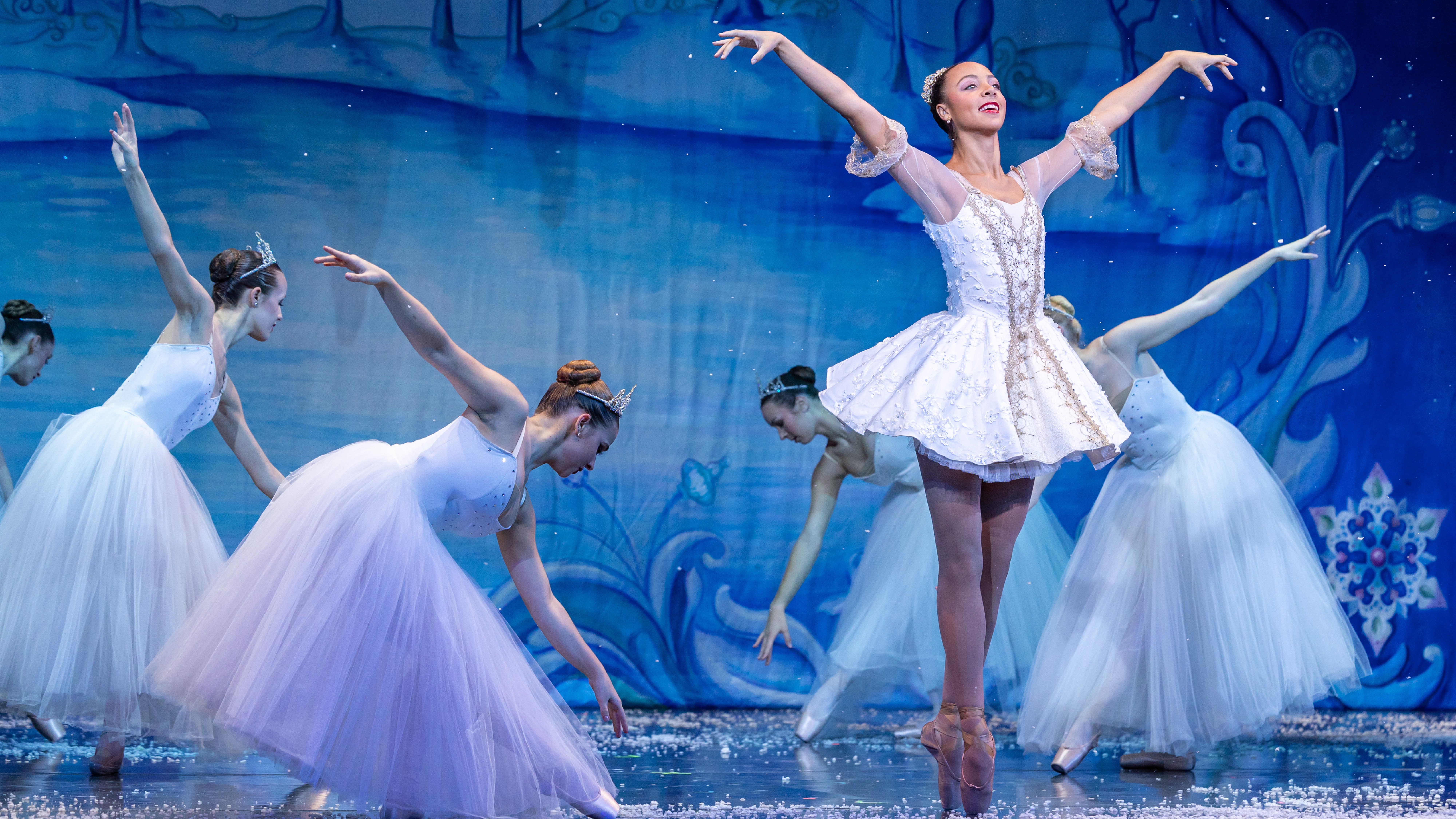 Delaney Washington as the Snow Queen with Corps de Ballet in The Nutcracker 2025 at The Hanover Theatre. Photo by Mike Nyman.