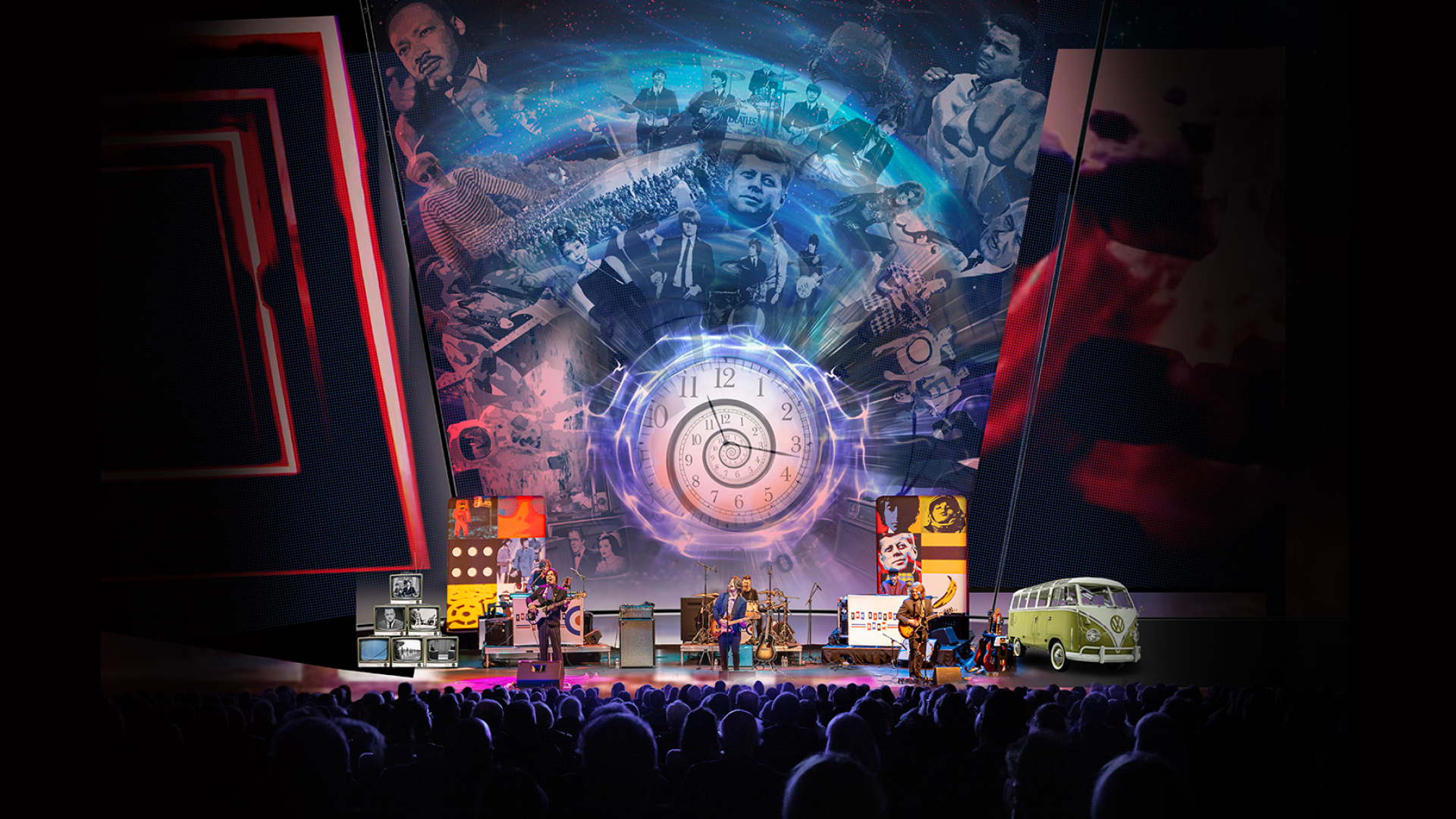 A band performs onstage before a packed audience beneath a large multimedia backdrop featuring a glowing spiral clock and images from the 1960s, including musicians, cultural figures, and a classic Volkswagen bus.