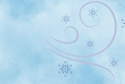 Decorative blue winter background with scattered blue snowflakes and lavender spirals/curves.