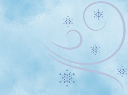 Decorative blue winter background with scattered blue snowflakes and lavender spirals/curves.