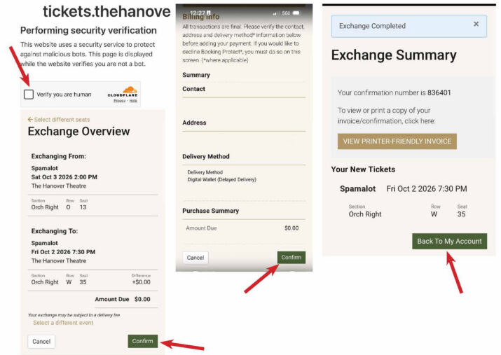 collage showing a web security check, an Exchange Overview ticket and an Exchange Summary with confirmation number and actions