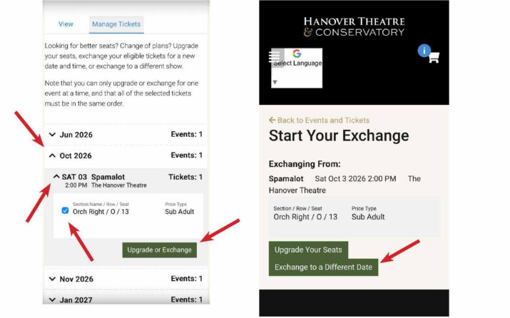 Event ticketing UI showing months (Jun–Nov 2026) with a selected Spamalot seat and an 'Upgrade or Exchange' button.