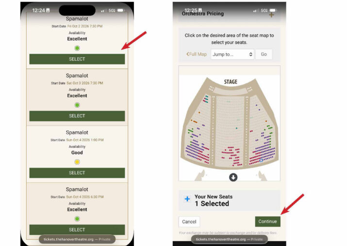 Mobile screen showing two theater booking panels: left panel lists multiple Spamalot showtimes with Start Date, Availability (Excellent) and a green status dot and a 'SELECT' button for each; right panel shows Orchestra Pricing with a seat-map prompt, 'Full Map' option, a 'Jump to...' dropdown, a 'Go' button, a large stage seating diagram, and a 'Continue' button at bottom.