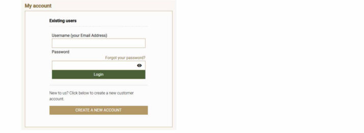 How to Exchange Tickets for a Different Date -Step 1 - Hanover Theatre and Conservatory - Hanover Theatre and Conservatory Header: My account. Login form for existing users with Username and Password fields, eye toggle, and green Login button. Below: create new account prompt with gold button.