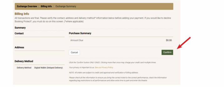 How to Exchange Tickets for a Different Date -Step 11 - Hanover Theatre and Conservatory - Hanover Theatre and Conservatory Billing Info page with a green 'Confirm' button on the right; includes 'Cancel' button and order summary from the left panel.