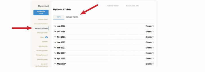 How to Exchange Tickets for a Different Date -Step 2 - Hanover Theatre and Conservatory - Hanover Theatre and Conservatory Account page titled 'My Events & Tickets' with left navigation and 'View' tab active, showing a list of months from Jun 2026 to May 2027 with 'Events: 1' on each row.