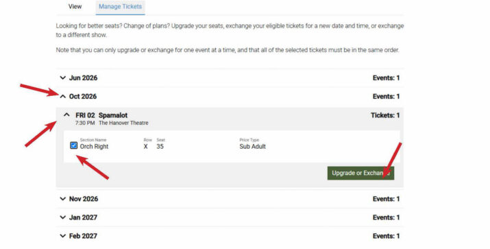 How to Exchange Tickets for a Different Date -Step 3-5 - Hanover Theatre and Conservatory - Hanover Theatre and Conservatory Ticket management panel with an expanded October 2026 entry showing a Fri 02 Spamalot ticket for The Hanover Theatre, seat X35 (Sub Adult); an Upgrade or Exchange button is visible.