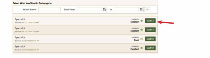 How to Exchange Tickets for a Different Date -Step 7 - Hanover Theatre and Conservatory - Hanover Theatre and Conservatory List of Spamalot show options with dates, availability status, and a Select button.