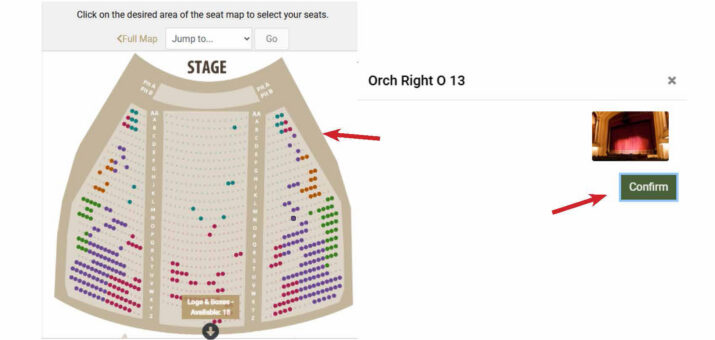 How to Exchange Tickets for a Different Date -Step 8 - Hanover Theatre and Conservatory - Hanover Theatre and Conservatory Interactive theater seating map on the left with colored seats to select; a Confirm button is on the right.