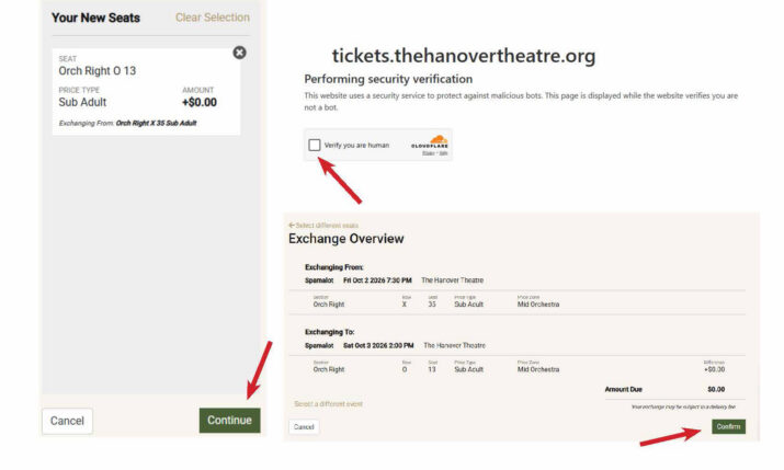 How to Exchange Tickets for a Different Date -Step 9 10 - Hanover Theatre and Conservatory - Hanover Theatre and Conservatory Screen capture of a theater seat checkout: left shows selected seat and a green Continue button; right shows security verification and an Exchange Overview section.