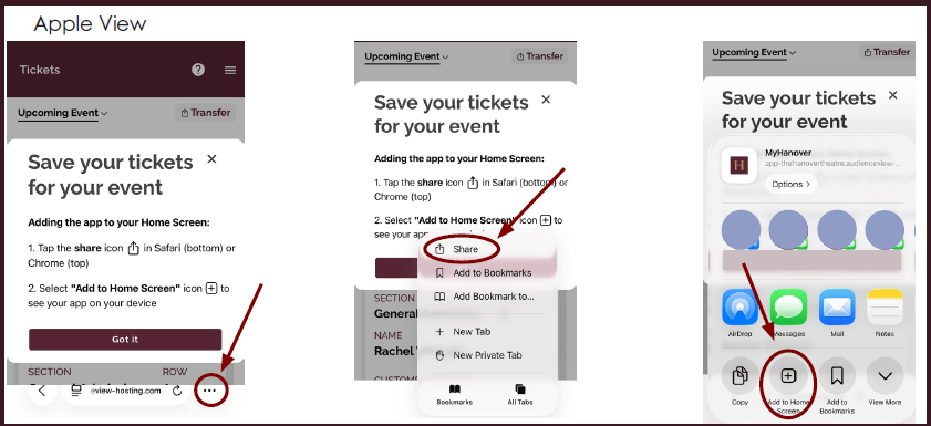 AddMyHanover_Step5AppleVersion - Hanover Theatre and Conservatory - Hanover Theatre and Conservatory Three screenshots showing how to save event tickets on iPhone: tap Share, select Add to Home Screen or Add to Bookmarks, then place the icon on the Home Screen (tutorial UI titled 'Save your tickets for your event').