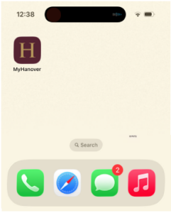 AddMyHanover_Step7AppView - Hanover Theatre and Conservatory - Hanover Theatre and Conservatory iPhone home screen with a beige wallpaper, 'MyHanover' app icon top left, a centered search pill, and a bottom dock showing Phone, Safari, Messages (2), and Music.