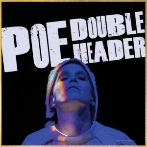 New Poe Season Logo - Hanover Theatre and Conservatory - Hanover Theatre and Conservatory Poster-style image advertising'POE DOUBLE HEADER' with distressed white text on black background; foreground shows a person in a hoodie lit in blue light, looking upward