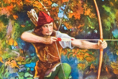 Robin_Hood_26_1920 x 1080 hero image - DCM - video card - FB event - Hanover Theatre and Conservatory Archer in a feathered headdress draws a bow in a colorful autumn forest backdrop.