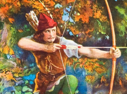 Archer in a feathered headdress draws a bow in a colorful autumn forest backdrop.