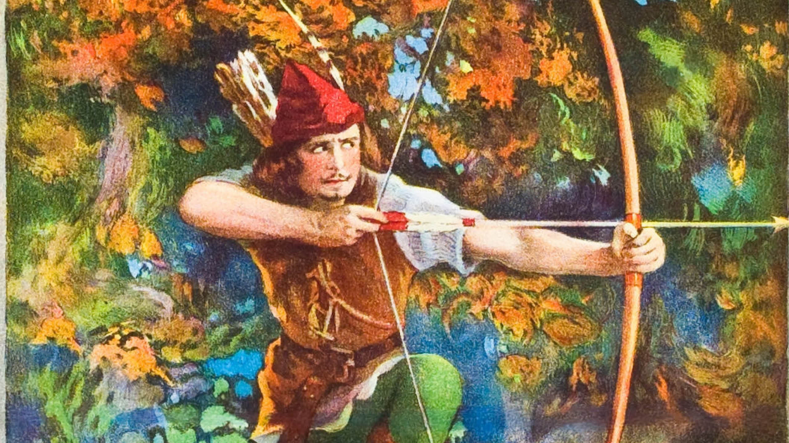 Archer in a feathered headdress draws a bow in a colorful autumn forest backdrop.