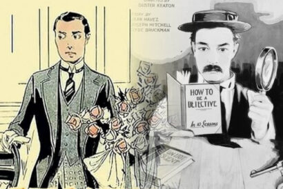 Sherlock_SevenChances_26_1920 x 1080 hero image - DCM - video card - FB event - Hanover Theatre and Conservatory Split illustration: left side shows a man in a suit holding a bouquet of roses; right side shows a detective in a hat holding a magnifying glass and a book titled 'How to Be a Detective'