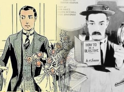 Split illustration: left side shows a man in a suit holding a bouquet of roses; right side shows a detective in a hat holding a magnifying glass and a book titled 'How to Be a Detective'
