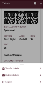 TransferMyHanoverTickets_Step2 - Hanover Theatre and Conservatory - Hanover Theatre and Conservatory Mobile ticket screen showing two QR codes for Spamalot at The Hanover Theatre; Sub Adult, Section Orch Right, Row W, Seat 35.