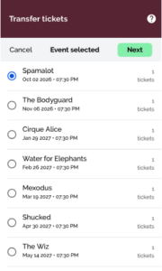 TransferMyHanoverTickets_Step3a - Hanover Theatre and Conservatory - Hanover Theatre and Conservatory Transfer tickets screen with a list of events; Spamalot is selected with 1 ticket and Next button highlighted
